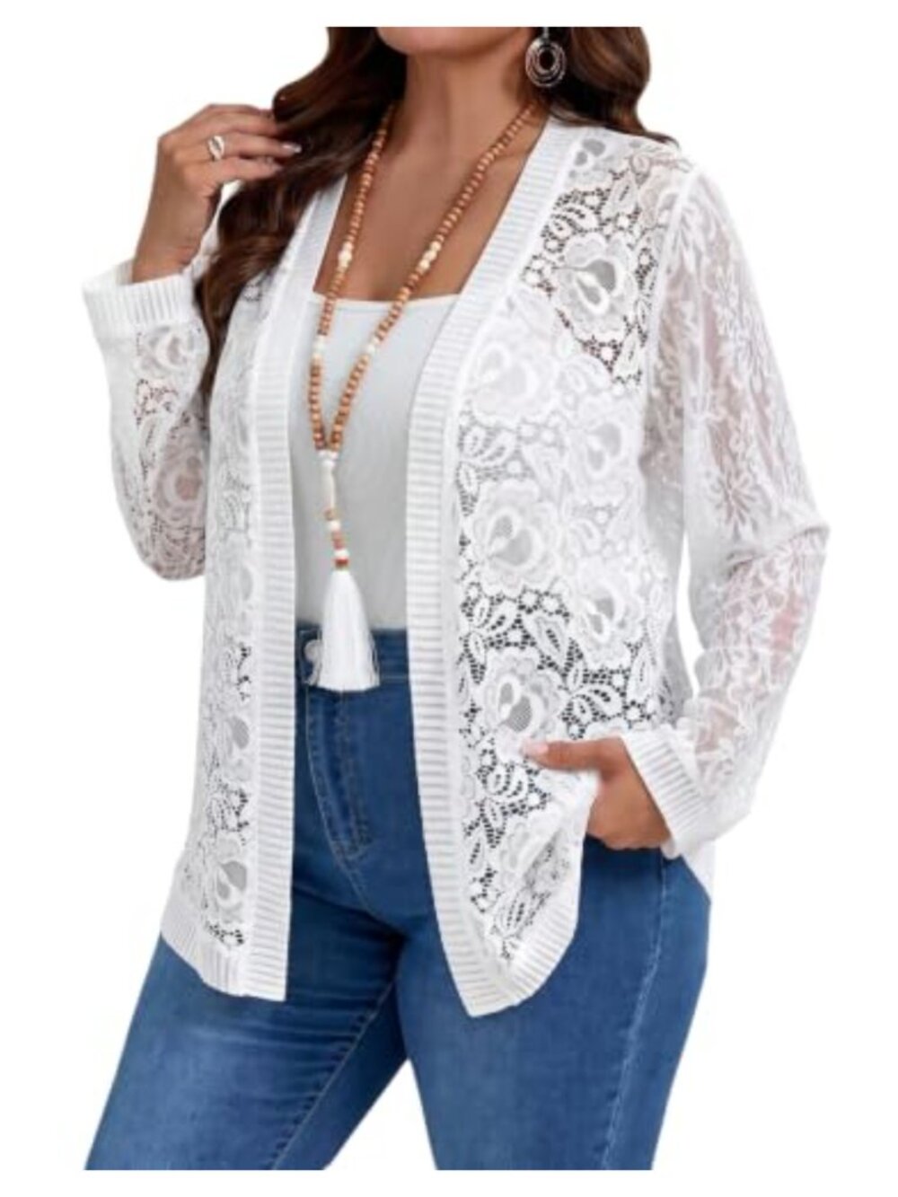 Plus Size Floral Lace Sheer Mesh Open Front Cardigan Lightweight Long Sleeve